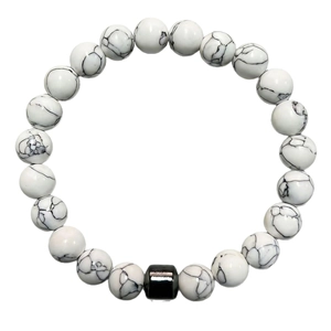 Minimalist 8mm white howlite beaded bracelet with polished black metal cylinder bead