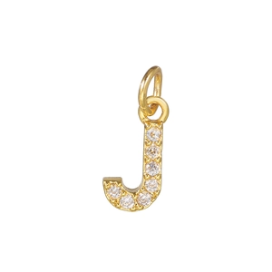 Close-up of 14k gold plated letter J pendant with micro-inlaid sparkling zircon stones