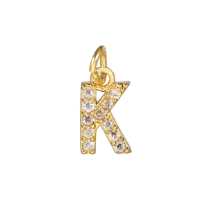 Gold-plated letter K charm with micro-pave cubic zirconia for DIY jewelry making