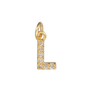 Detail view of 18k gold plated letter L pendant with micro-pave cubic zirconia