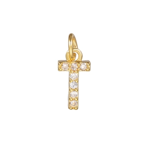 Macro view of 14k gold-plated letter T charm with micro-p鑲 cubic zirconia stones