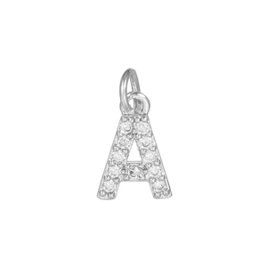 Detailed view of silver letter A pendant featuring micro-pave cubic zirconia stones