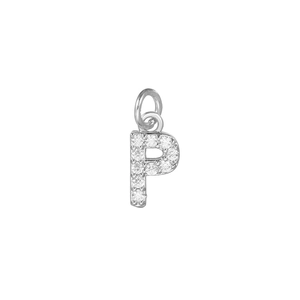 Detail of 18k gold plated letter P pendant with micro-paved sparkling cubic zirconia