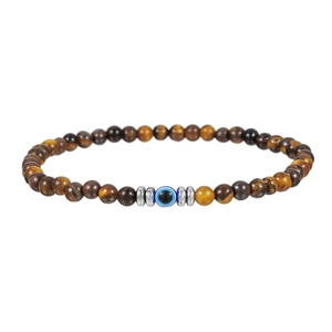 Tiger eye kralen armband met blauwe evil eye bedel en zilveren metalen kralen voor heren