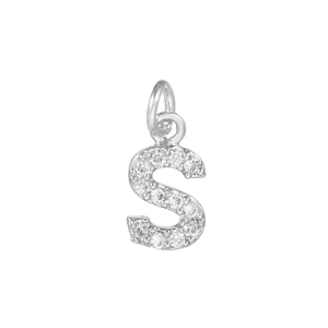 Macro view of silver S-letter pendant with micro-set cubic zirconia and a round bail