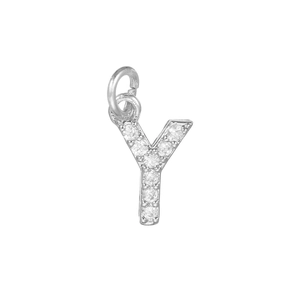 Macro shot of silver letter Y pendant with micro-pave cubic zirconia and jump ring