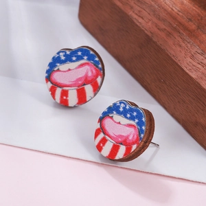 Close-up of wooden stud earrings featuring US flag lip pattern for Independence Day