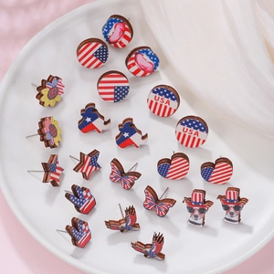 USA Flag Wood Stud Earrings For Women Independence Day Star Heart Butterfly Eagle Pattern Wood Jewelry Patriotic Gift