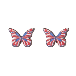 Detail view of butterfly wood earrings with American flag patterns in red, white and blue