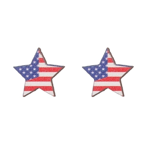 Detailed view of star-shaped wooden earrings with American flag pattern on white backdrop