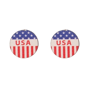 Detail of round wooden earrings with USA flag design and blue star pattern