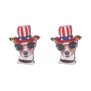 Independence Day wooden studs featuring Chihuahua with US flag hat and sunglasses