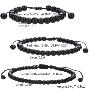 Three sizes of black beaded bracelets with adjustable woven cord and size measurements