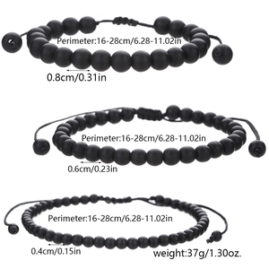 Three-piece set of matte black beaded bracelets in 4mm, 6mm, and 8mm sizes for men