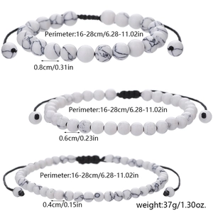 Three beaded adjustable bracelets in 4mm, 6mm, and 8mm sizes with white turquoise stones