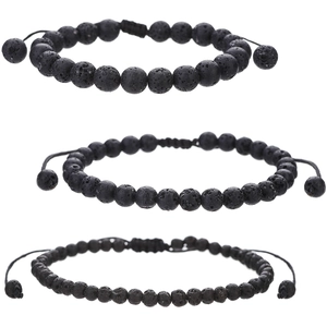 Three-piece black lava rock bead bracelets in 4mm, 6mm, and 8mm with adjustable cords