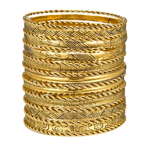 Detail of 19-piece gold-tone metal bangles with braided, twisted, and floral patterns