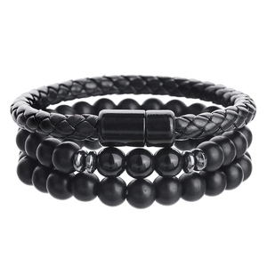 Men's 3-piece set with black braided leather, beaded stones, and magnetic clasp