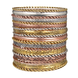 Detail of 19-piece bohemian bangle set featuring gold silver and rose gold metal textures