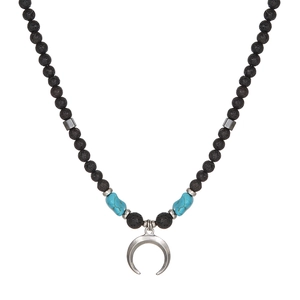 Collar bohemio de piedra volcánica y ojo de tigre con colgante de luna creciente para hombre