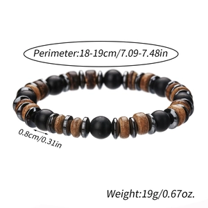 Bohemian herenarmband met zwarte matte kralen en kokosnoothout schijfjes op witte basis