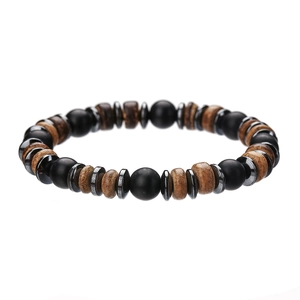 Bohemian heren armband met mat zwarte agaat, kokosnoot hout en hematiet kralen set
