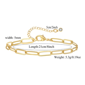 Detail view of 5mm gold plated paperclip anklet with measurements and lobster clasp