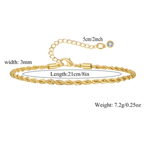 Detail of 18K gold plated twisted chain anklet showing size measurements and lobster clasp