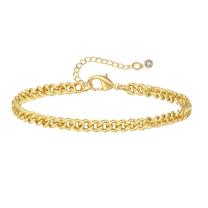 Gold plated Cuban link anklet with lobster clasp and adjustable zircon charm extension