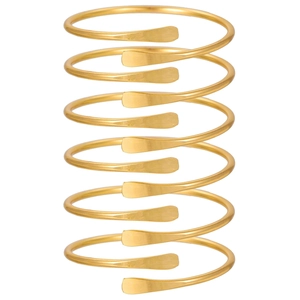 Golden punk style spiral arm cuff bracelet with metallic brushed finish on white background