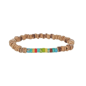 Top view of bohemian braided bracelet with coconut shell beads and colorful natural stones