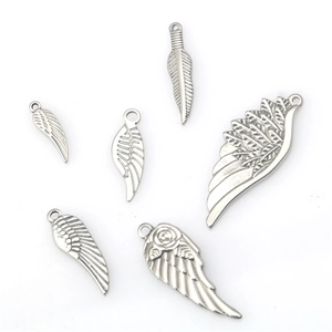 Set of six stainless steel feather and wing pendants for DIY jewelry crafting