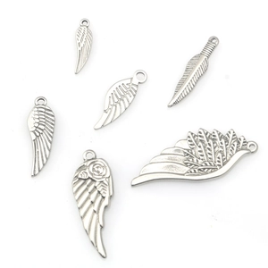 Set of 6 stainless steel feather and wing pendants for DIY jewelry making in silver