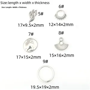 Size chart for stainless steel flame and moon pendants with precise dimensions
