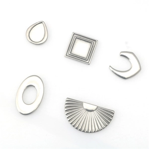 Five geometric stainless steel pendants including water drop and fan shapes in silver finish