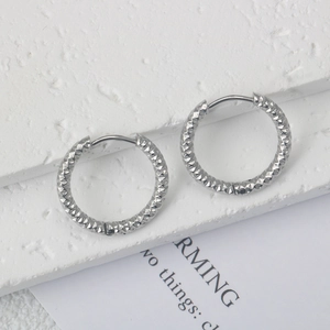 Polished stainless steel huggie hoop earrings with diamond-cut texture for men and women