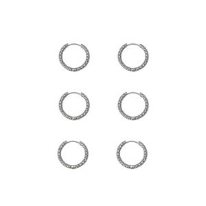 Three pairs of unisex stainless steel hoop earrings with hammered texture finish