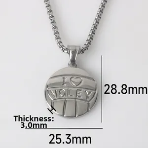 Detailed size chart of stainless steel volleyball pendant with I Love VOLEY engraving