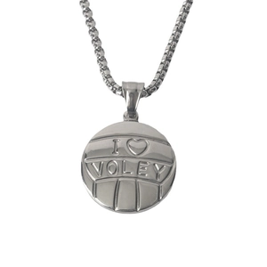 Polished stainless steel volleyball pendant necklace with I Heart Volley engraving