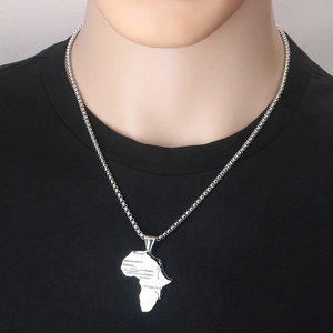 Silver stainless steel Africa map pendant necklace with engraved cities on box chain
