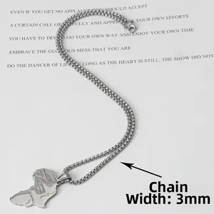 Silver Africa map pendant necklace with 3mm round box chain in stainless steel