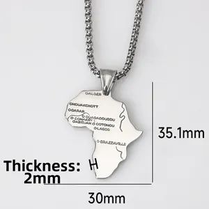 Detailed view of Africa map pendant with engraved city names and size dimensions