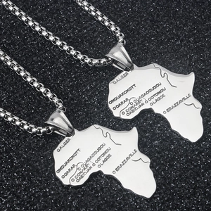 Stainless Steel Africa Map Pendant Necklace Hip Hop Punk Engraved City Names Geographic Map Jewelry For Men Women Unisex Gift