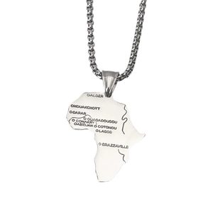 Silver stainless steel Africa map pendant necklace with engraved city names on box chain