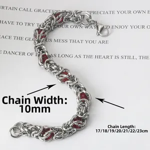 Handmade stainless steel woven chain bracelet with red translucent beads 10mm width