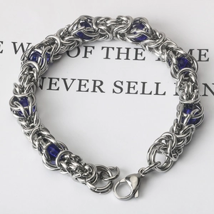 Handmade Byzantine chain bracelet in stainless steel with elegant blue bead accents