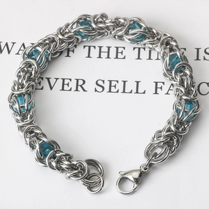 Silver stainless steel chunky chain bracelet with sky blue beads and lobster clasp