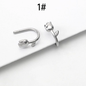 Polished silver tulip flower and leaf ear cuff earrings with minimalist U-shaped design