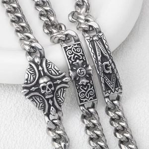 Men Stainless Steel Punk Gothic Skull Cross Bracelet Retro Masonic Antique Silver Cuban Link Chain Hip Hop Jewelry Gift
