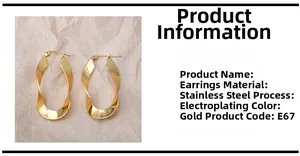 Detail of twisted U-shape gold stainless steel earring on a pink textured background